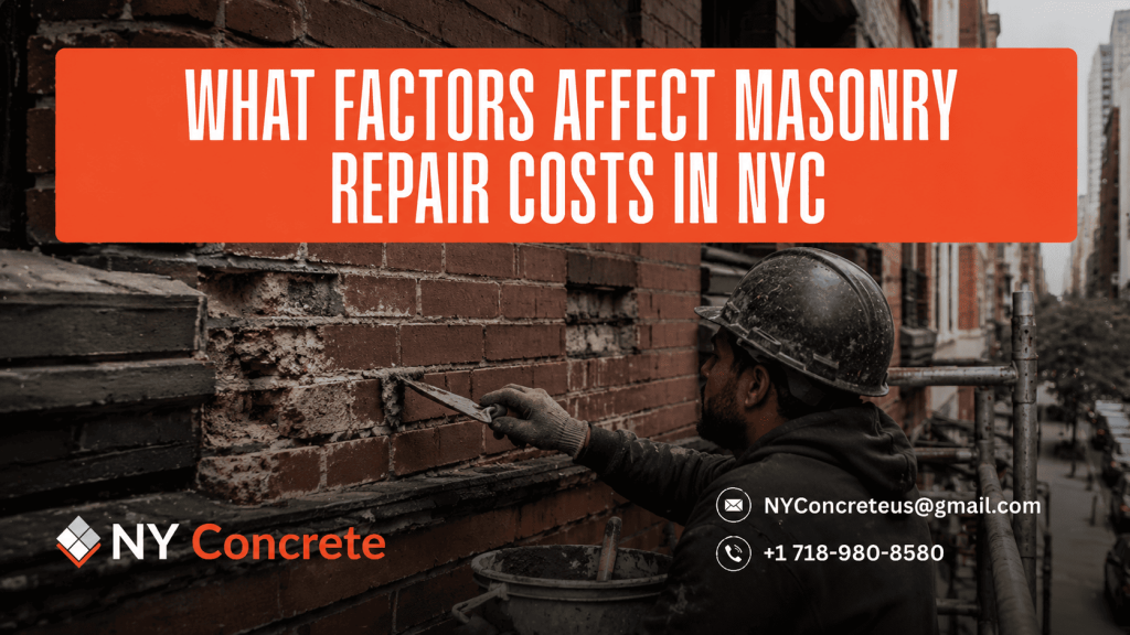 Masonry worker repairing damaged brick mortar on a New York City building, showing factors that affect masonry repair costs in NYC.