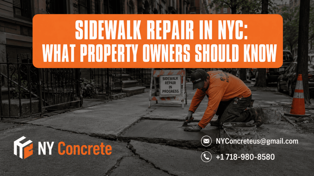 Sidewalk repair in NYC with a worker fixing cracked concrete in front of a residential property.