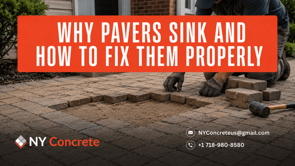 Contractor repairing sunken pavers by removing loose blocks and leveling the base before reinstalling them properly.