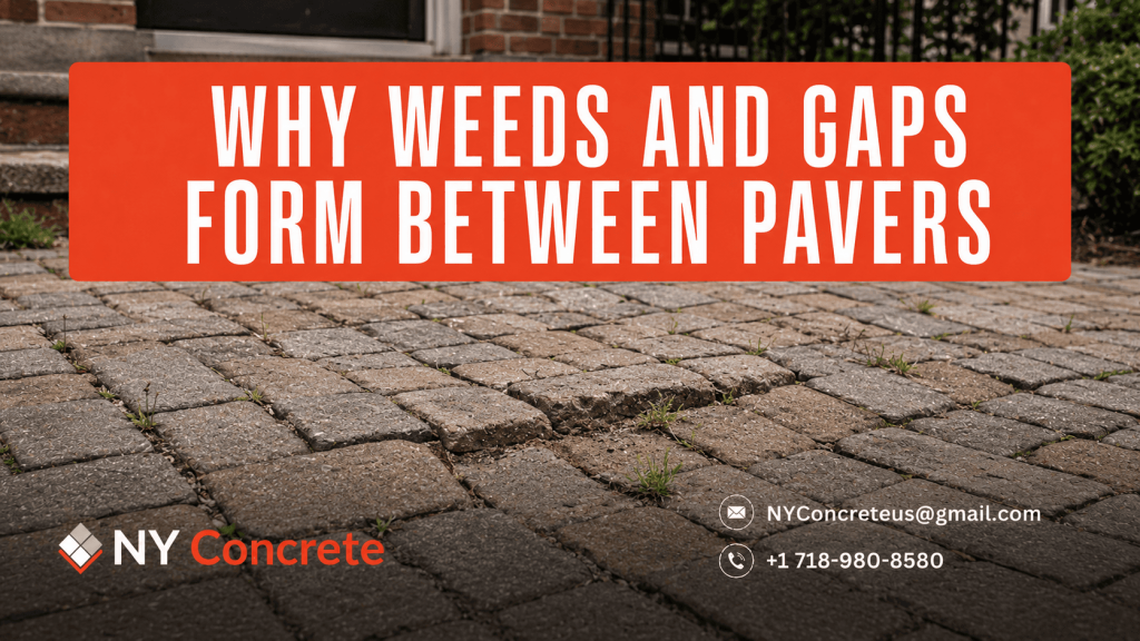 Weeds and gaps between pavers on a residential walkway, showing joint sand loss and open spaces where weeds can grow.