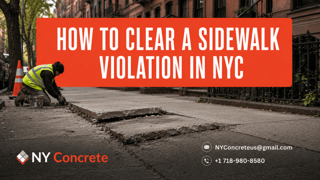 Worker repairing uneven sidewalk slabs in NYC to help clear a sidewalk violation and restore a safe walking surface.