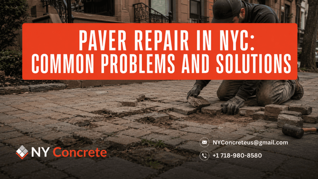 Contractor repairing loose and uneven pavers on an NYC patio, showing common paver repair problems and solutions.