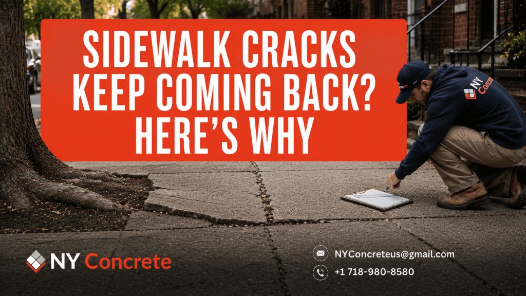 Contractor inspecting recurring sidewalk cracks in NYC, showing why cracks may keep coming back after surface repairs.