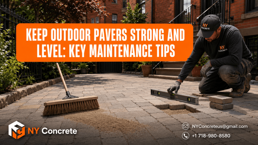Contractor checking and maintaining outdoor pavers on a residential walkway to keep the surface strong, level, and well-maintained.