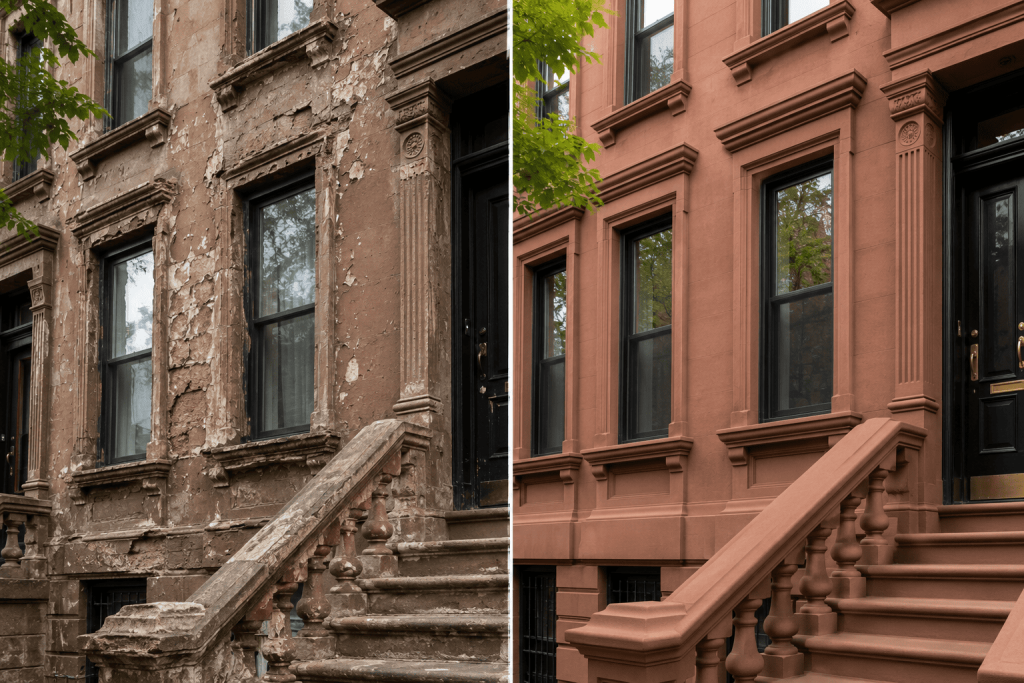 Brownstone Restoration NYC before and after showing a damaged brownstone facade next to a fully restored exterior