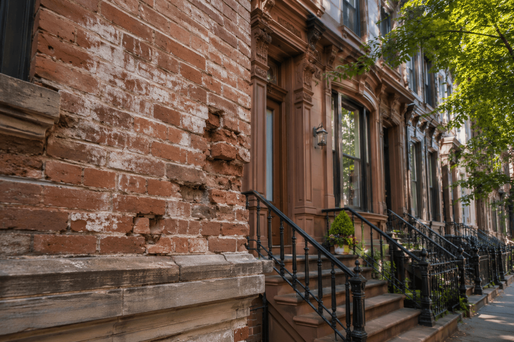 Masonry Damage Property Value NYC example showing visible facade damage on a New York City building