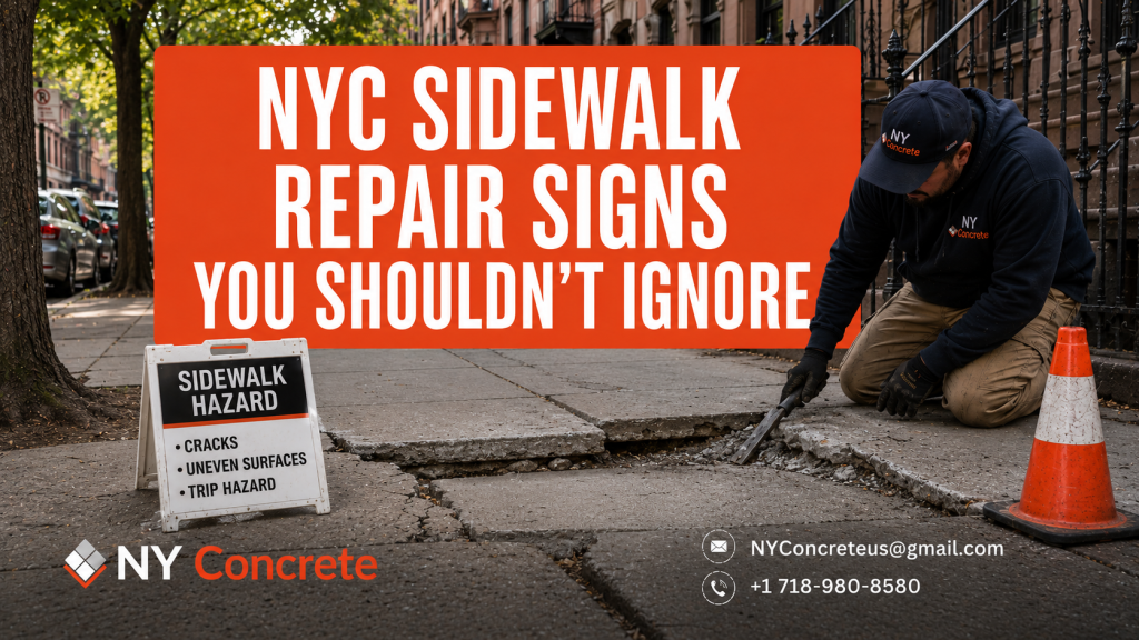 Worker repairing damaged sidewalk concrete in NYC, highlighting warning signs like cracks, uneven slabs, and trip hazards that should not be ignored.