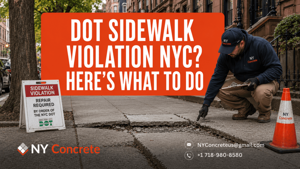 Contractor inspecting a damaged sidewalk in NYC after a DOT sidewalk violation notice, showing what property owners should do next.