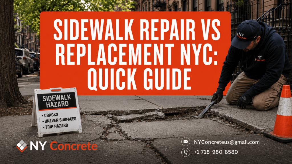 Worker inspecting damaged sidewalk concrete in NYC, highlighting the choice between sidewalk repair and full replacement.