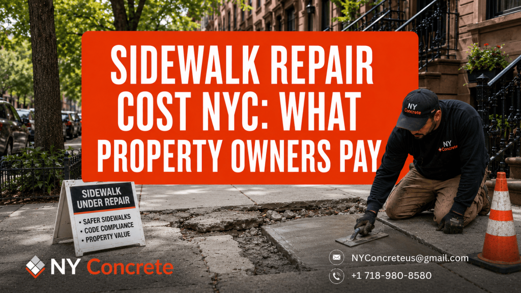Workers performing sidewalk repair on a sunny NYC street, replacing damaged concrete slabs in front of a residential property.