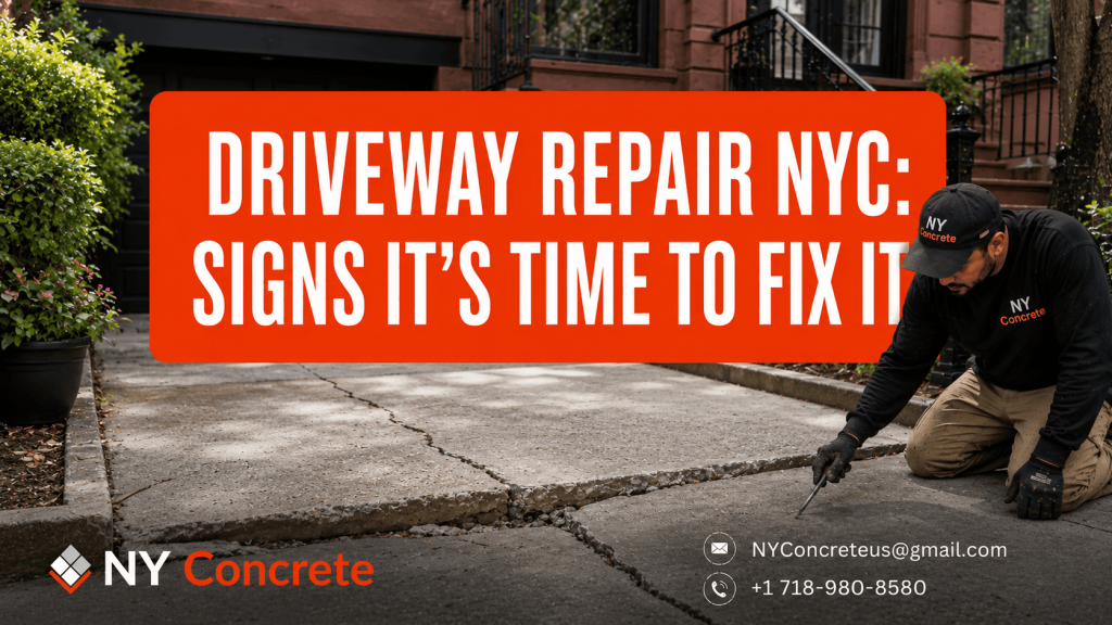 Contractor inspecting cracked and uneven concrete on a residential driveway, showing signs that driveway repair in NYC may be needed.