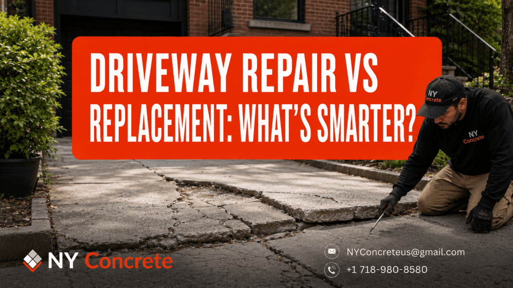 Contractor inspecting a cracked and uneven driveway to decide whether driveway repair or replacement is the smarter option.