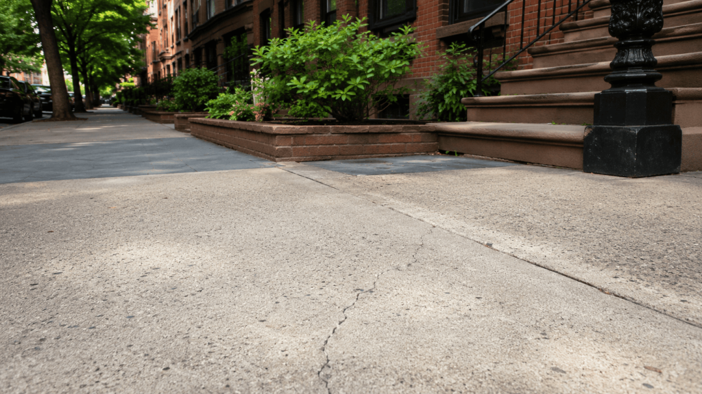 Small concrete cracks NYC property owners may notice on a residential sidewalk near a brick townhouse, showing early surface damage before it spreads.