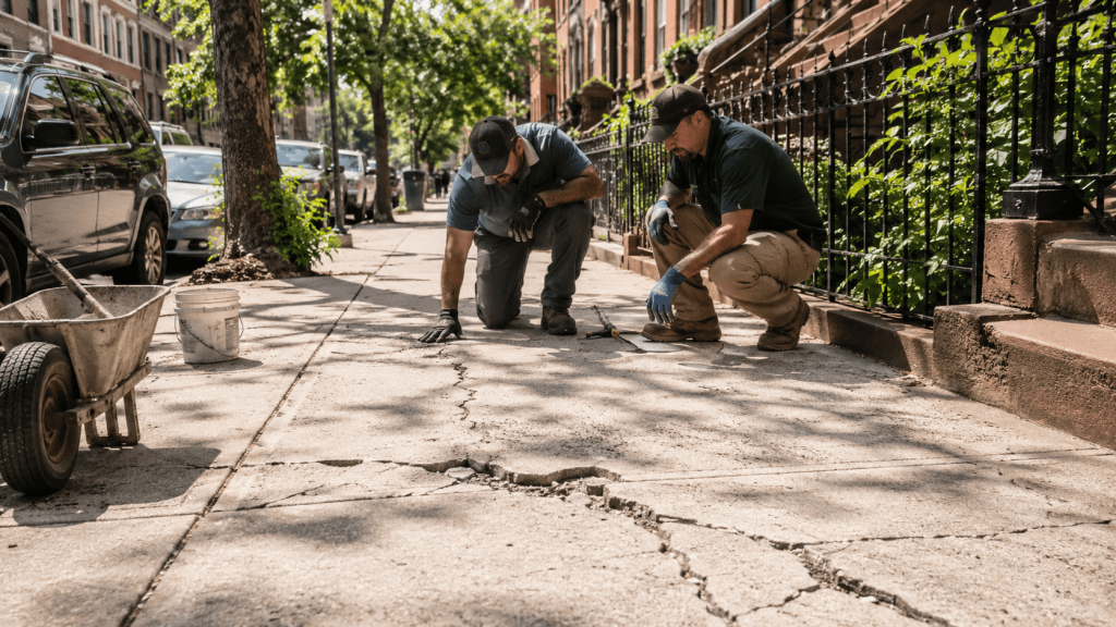 Contractor inspecting a cracked sidewalk in bright sunlight on a NYC residential street during a sidewalk crack repair assessment.