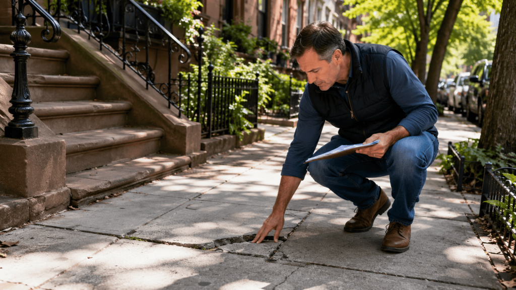 Property inspector reviewing damaged sidewalk concrete in bright sunlight after a DOT sidewalk notice NYC property owners may need to address.