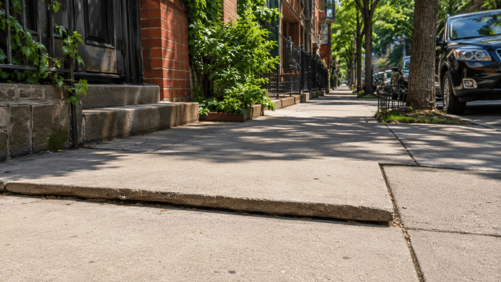 Bright sunlight on a residential NYC sidewalk with uneven concrete slabs and visible surface shifting along the walkway.