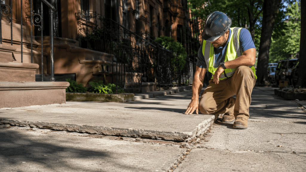Professional contractor inspecting an uneven residential sidewalk in NYC with raised concrete slabs creating a visible trip hazard in bright sunlight.