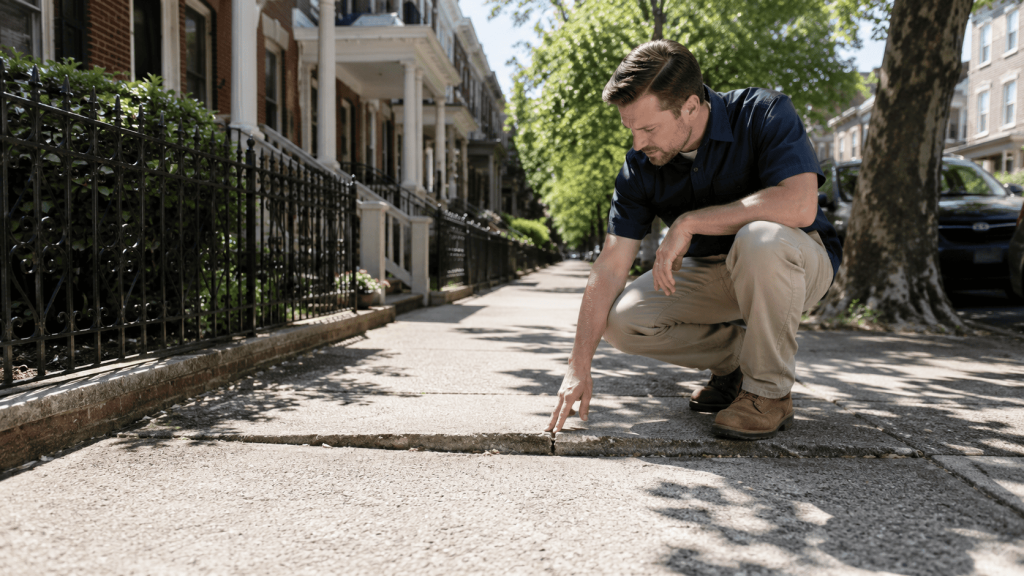 Contractor inspecting cracked concrete on a residential driveway in NYC under bright sunlight, showing early damage that may need fast repair.