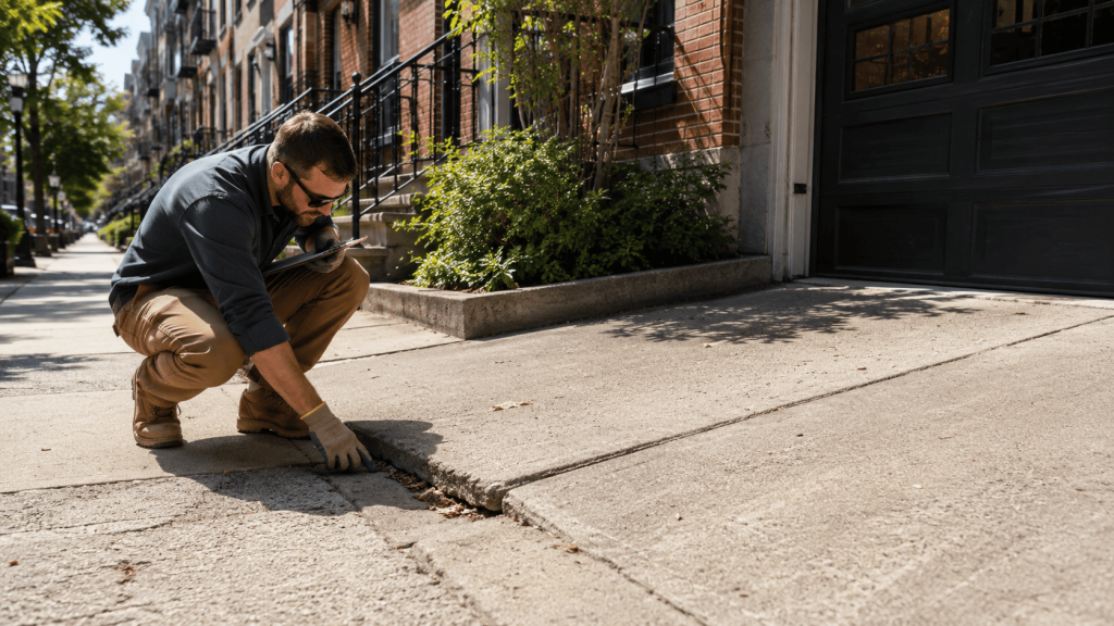 Contractor inspecting a sunken residential driveway in NYC with uneven concrete and settlement near the garage entrance.