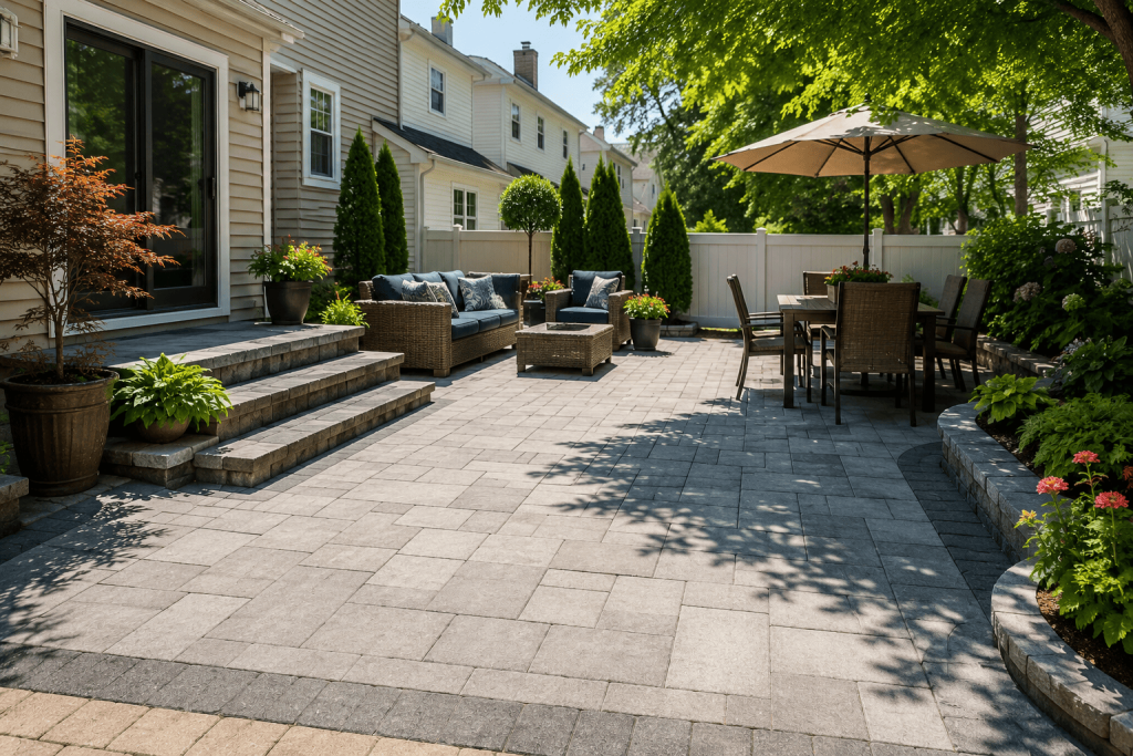 Bright residential concrete patio in NYC with outdoor seating, dining furniture, landscaped borders, and a clean paved surface.