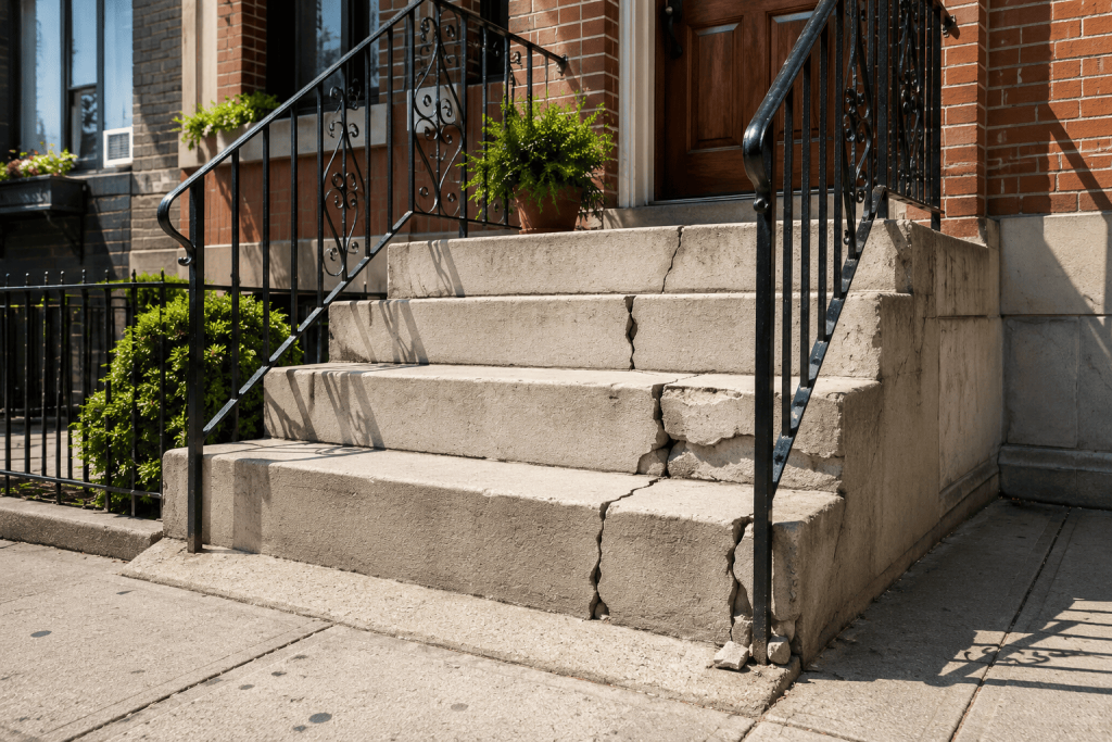 Cracked concrete stoop at a NYC brick townhouse with damaged step edges, visible surface cracks, and black metal railings.