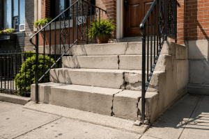 Cracked concrete stoop at a NYC brick townhouse with damaged step edges, visible surface cracks, and black metal railings.