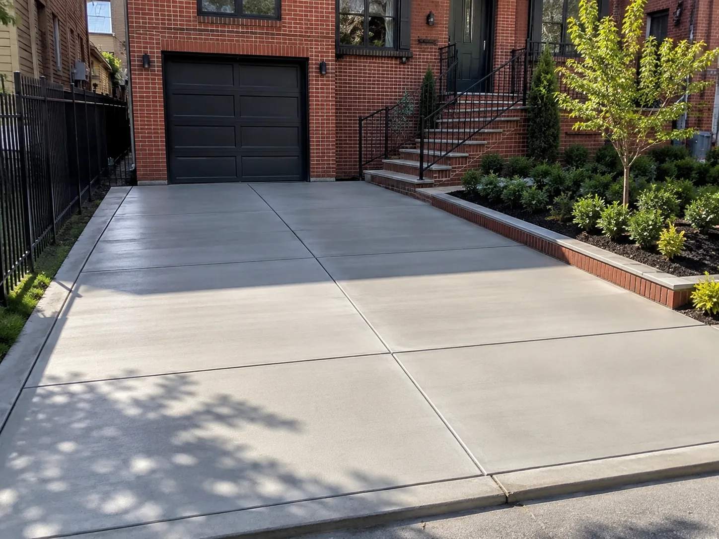 Finished concrete driveway installation outside a brick residential property in NYC