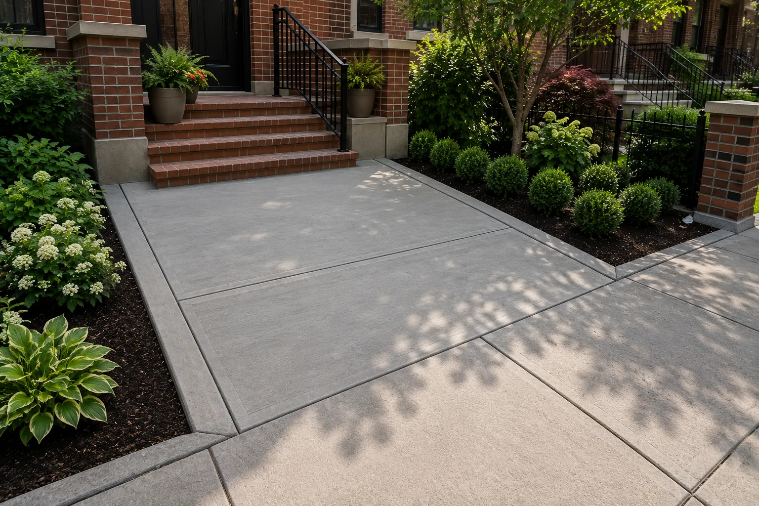 Finished concrete flatwork and walkway outside a brick residential property in NYC