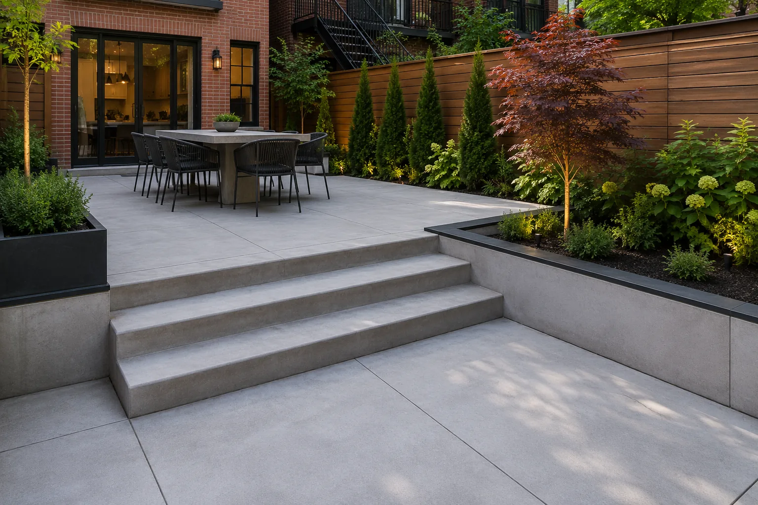 Finished concrete patio installation at an NYC residential backyard