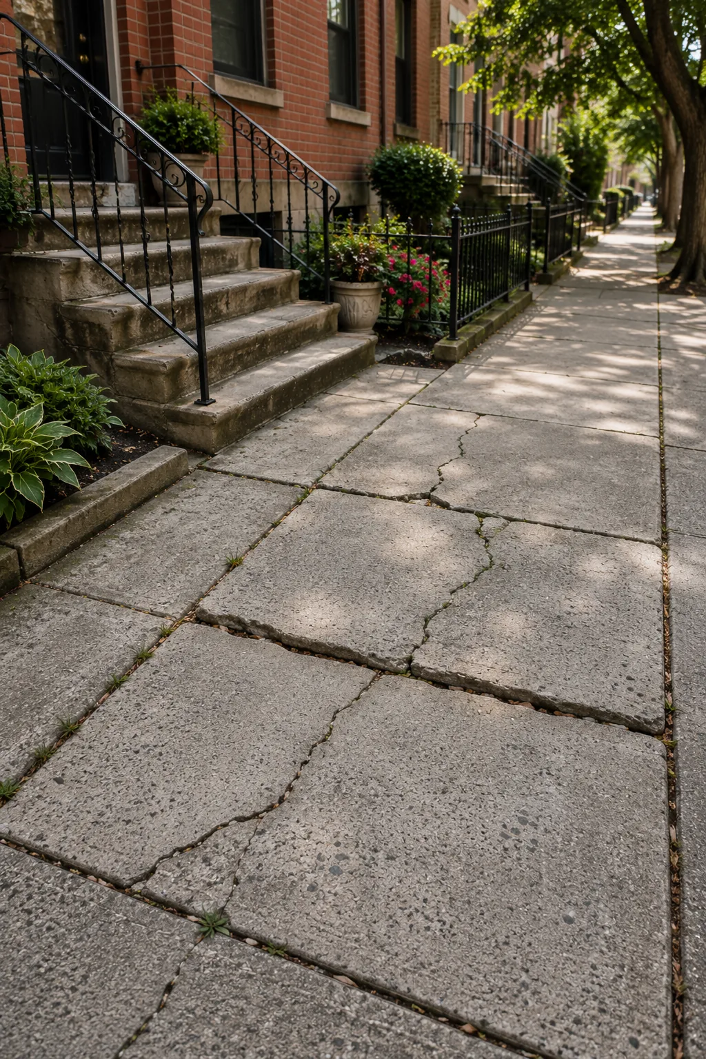 Cracked and uneven concrete sidewalk needing repair outside an NYC residential property