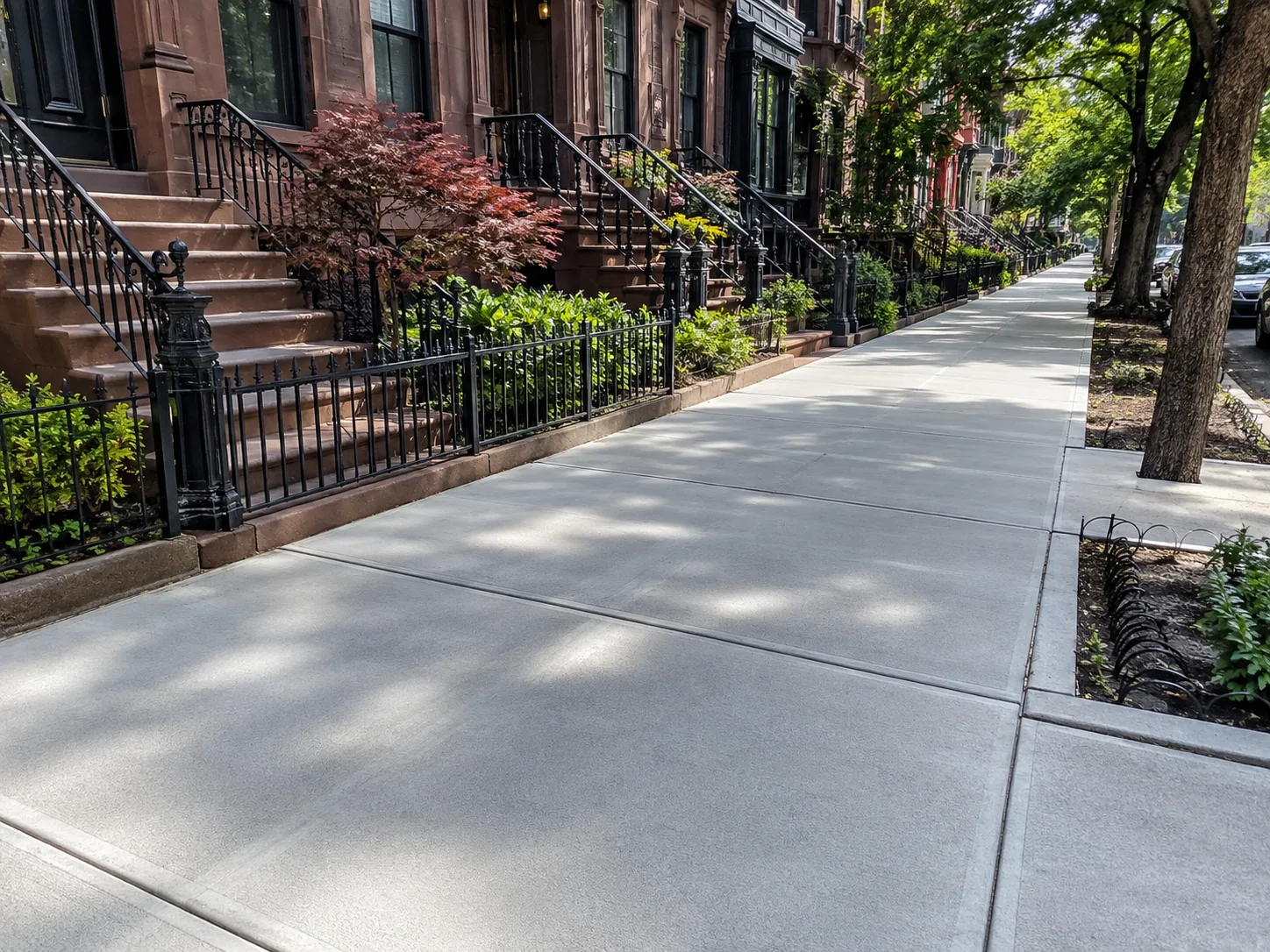 Completed concrete sidewalk replacement outside NYC brownstone properties