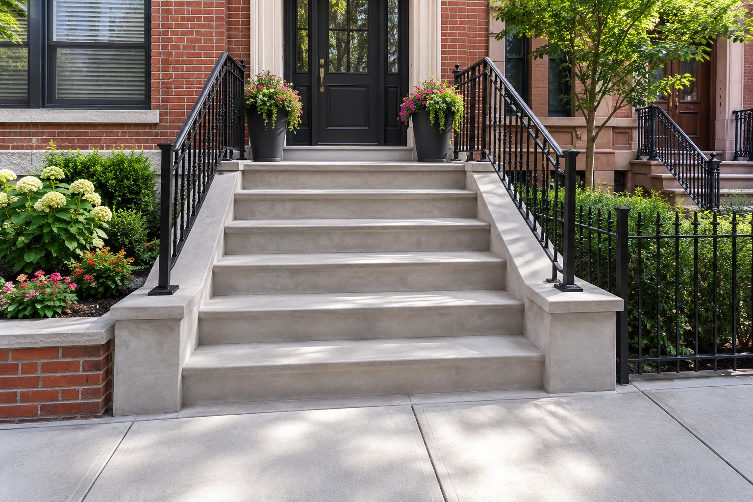 Finished concrete stoop and steps with black railings at a brick NYC townhouse