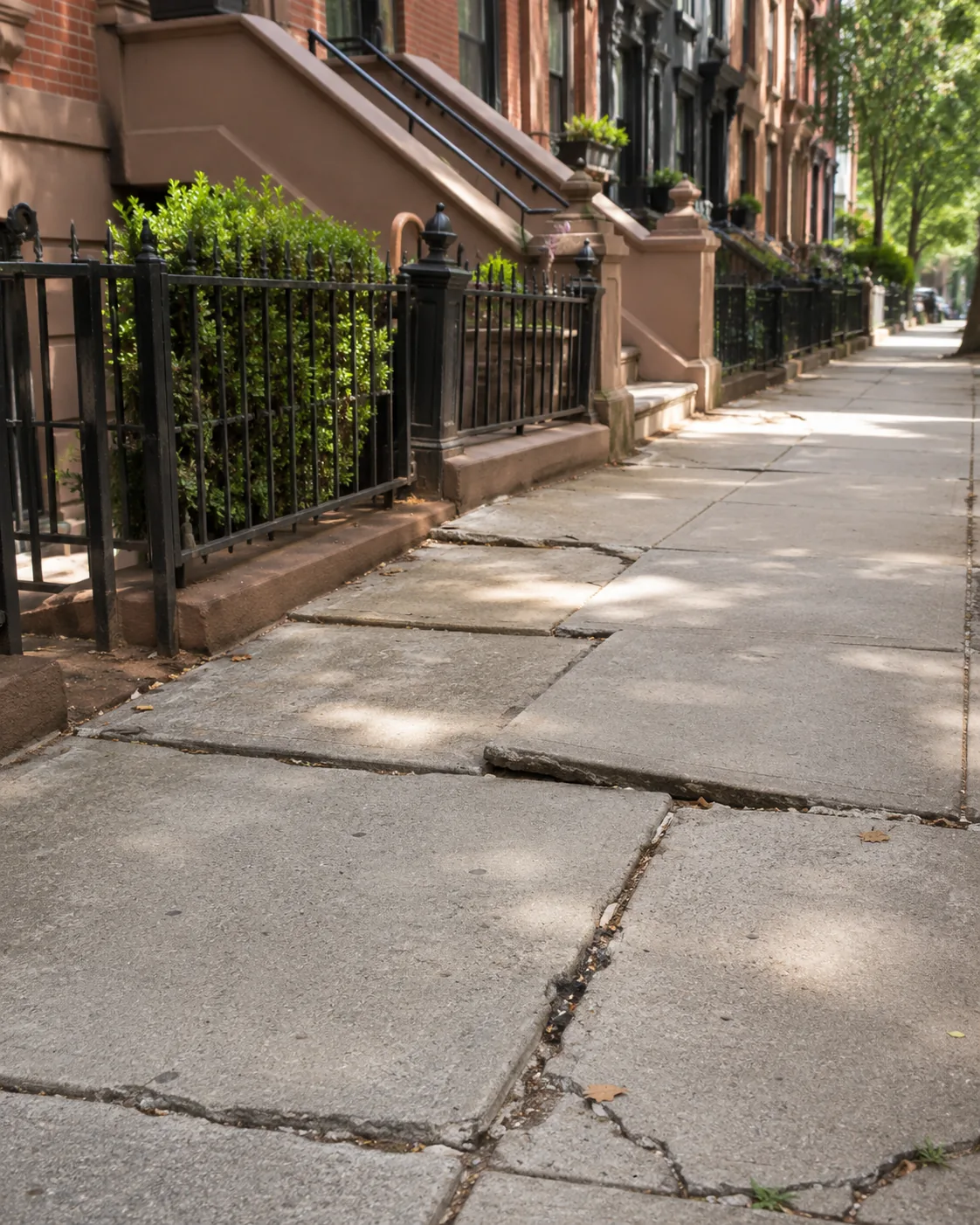 Cracked and uneven concrete sidewalk outside NYC brownstone properties before repair