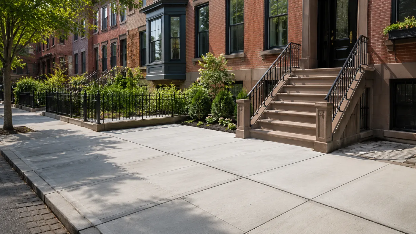 Finished concrete sidewalk and entrance work outside NYC brownstone properties