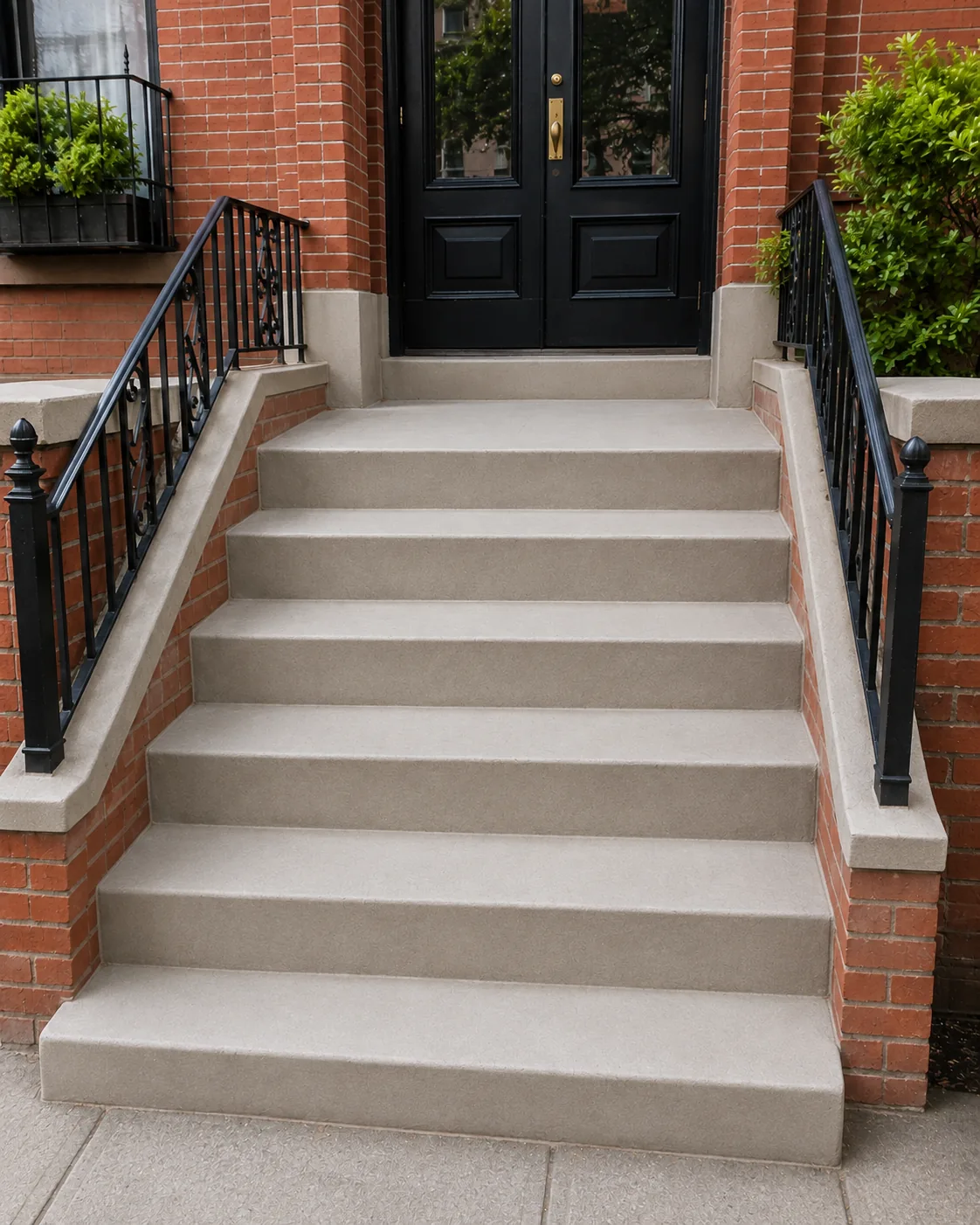 Restored concrete stoop and steps at an NYC brick townhouse after repair