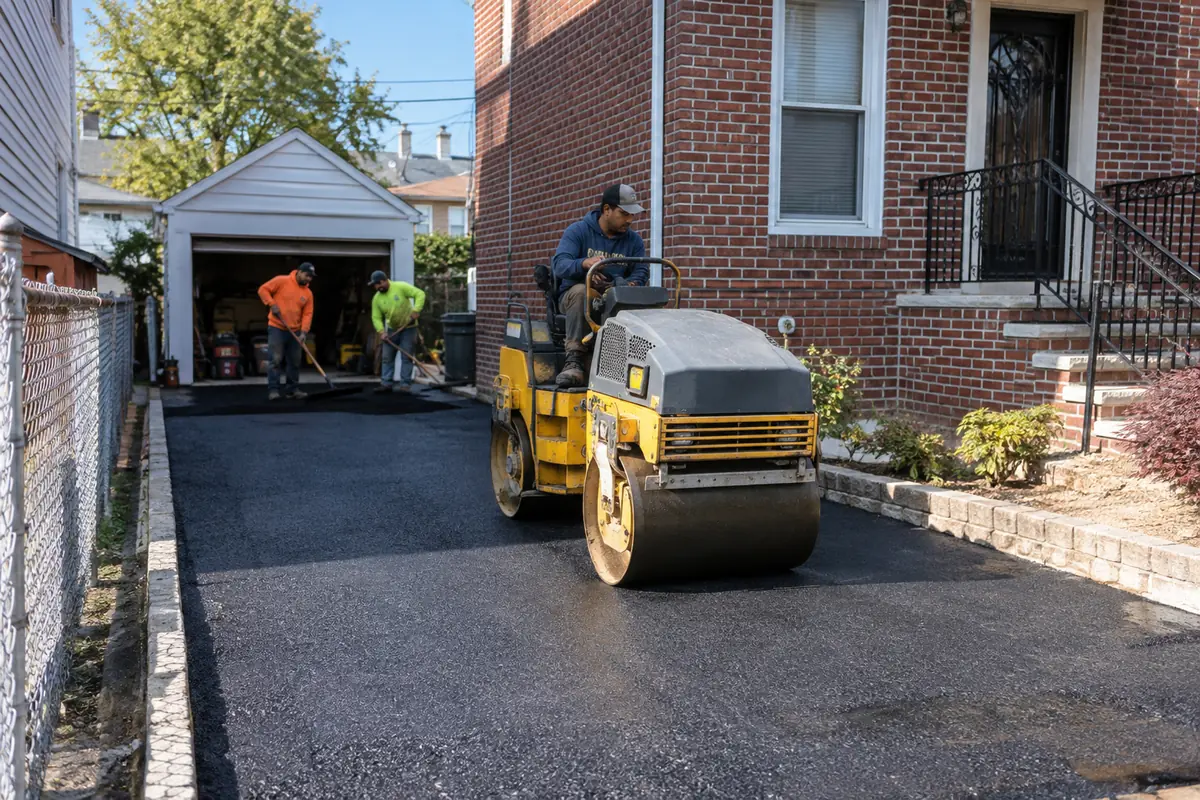Road roller compacting newly laid asphalt on a residential driveway leading to a garage.