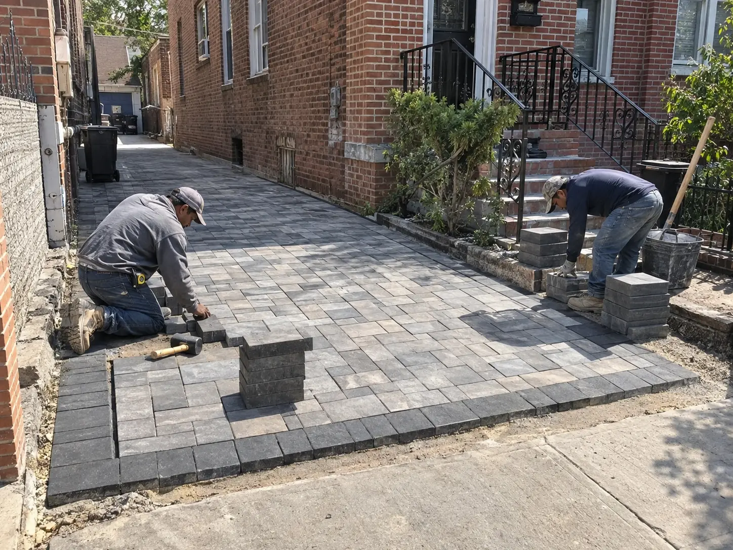 Workers installing gray interlocking concrete pavers on a residential driveway between brick buildings.