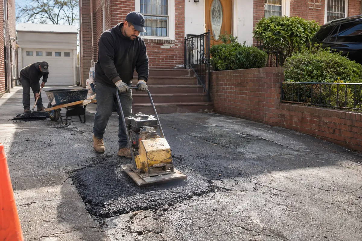 Worker using a plate compactor to compact an asphalt repair patch on a damaged residential driveway.