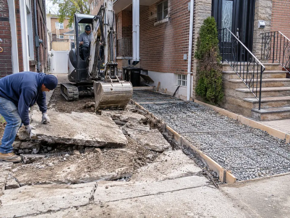 Workers removing damaged concrete and preparing the base for a replacement driveway beside a residential property.