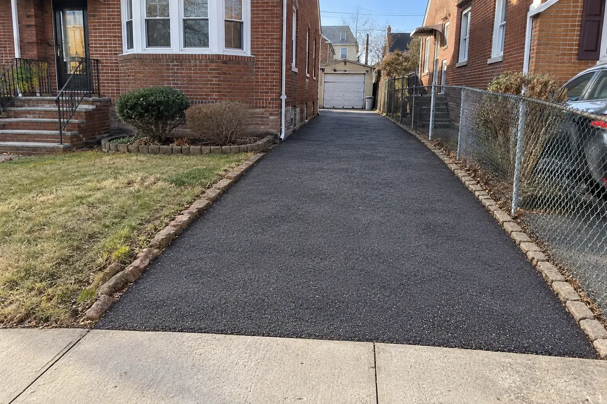 Newly paved residential asphalt driveway with an even black surface leading to a detached garage between brick homes.