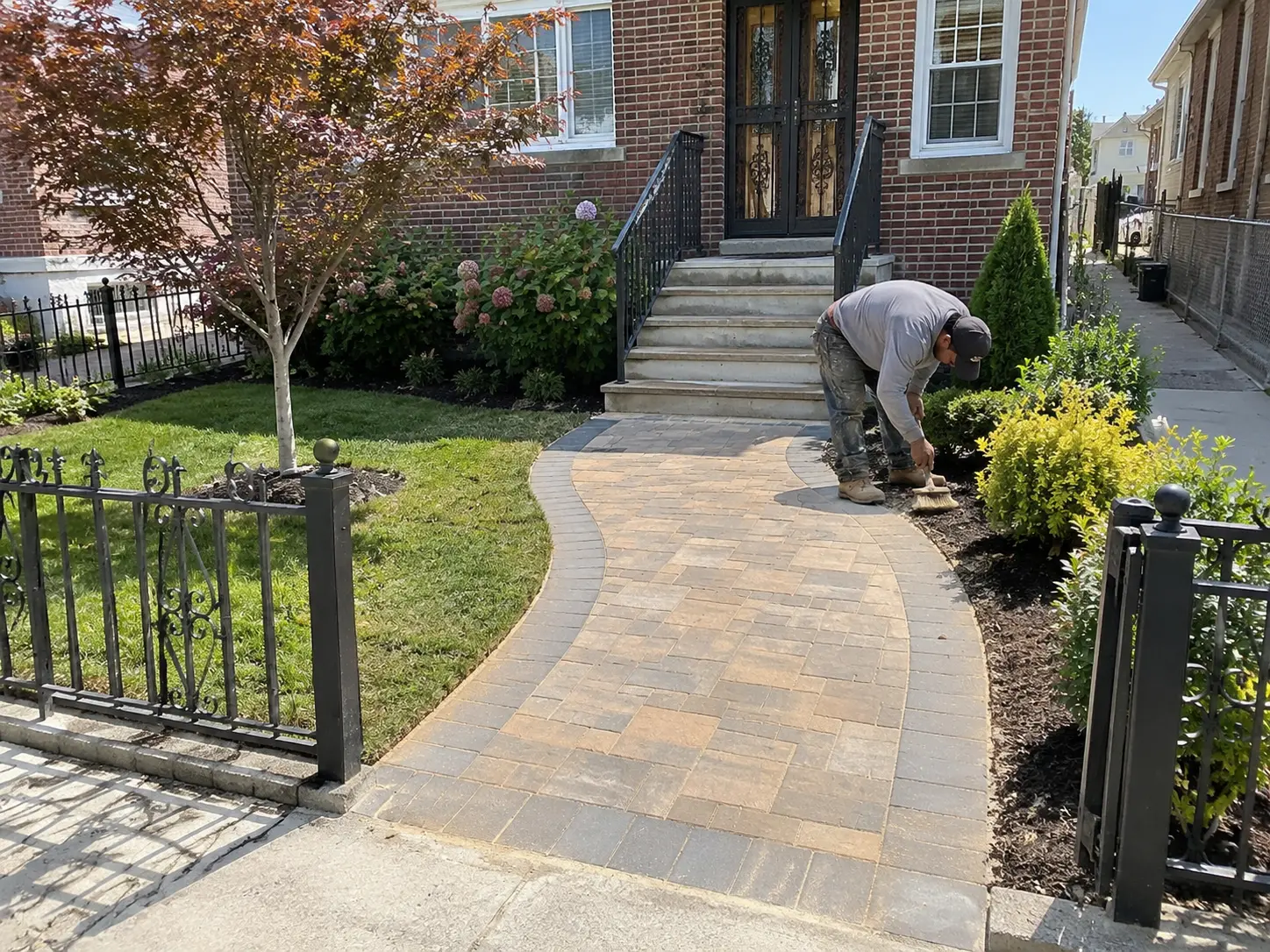 Worker installing a curved paver walkway leading to the entrance of a residential property.