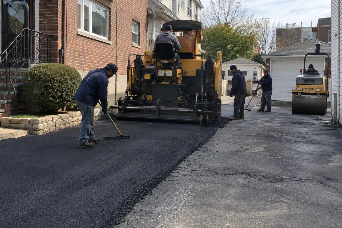Asphalt paving crew spreading and compacting a new asphalt surface layer on an existing residential driveway.