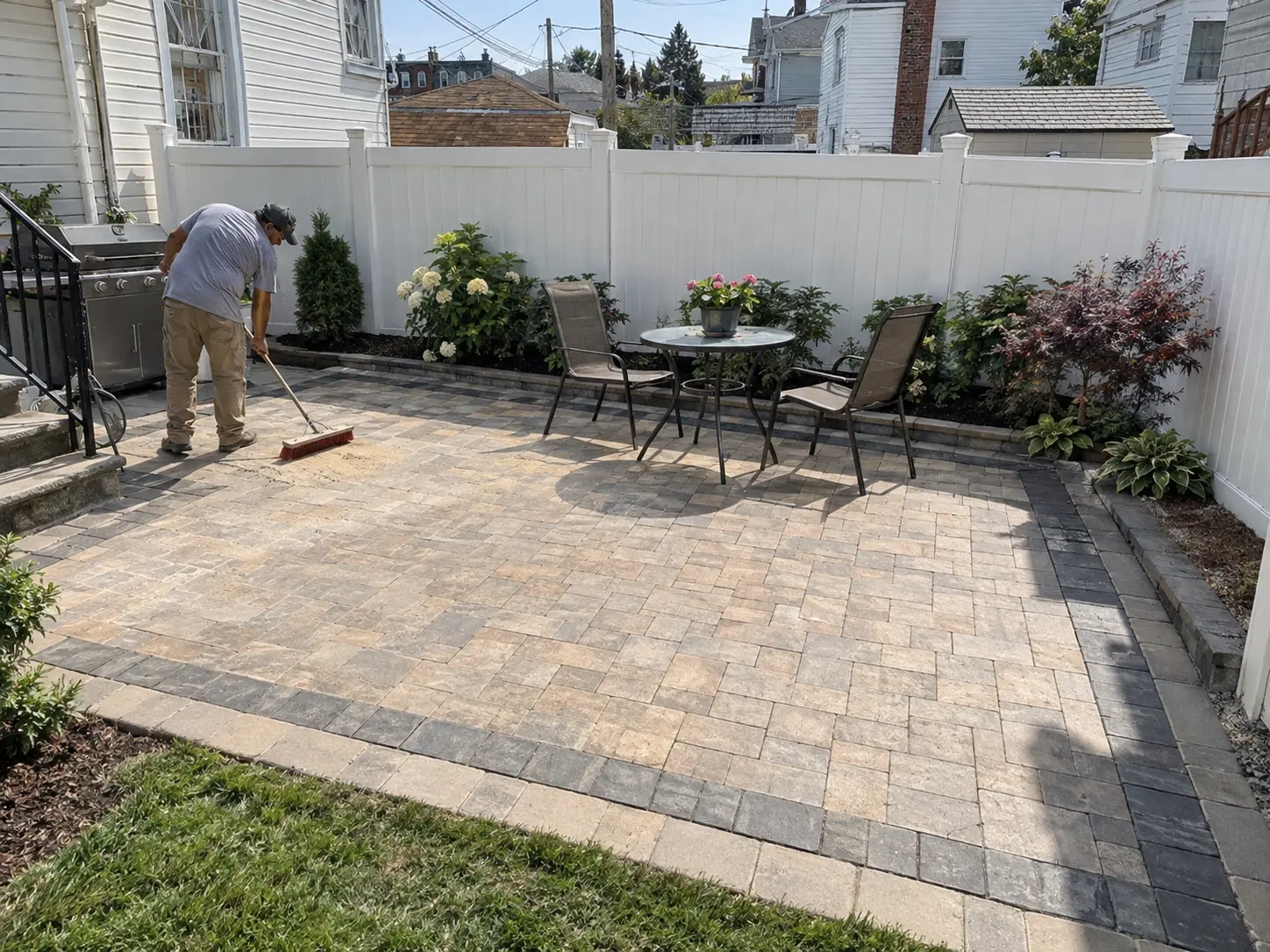 Worker installing concrete patio pavers in a landscaped residential backyard.