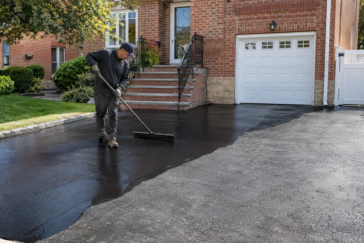 Worker spreading black sealcoat across a residential asphalt driveway using a long-handled squeegee.