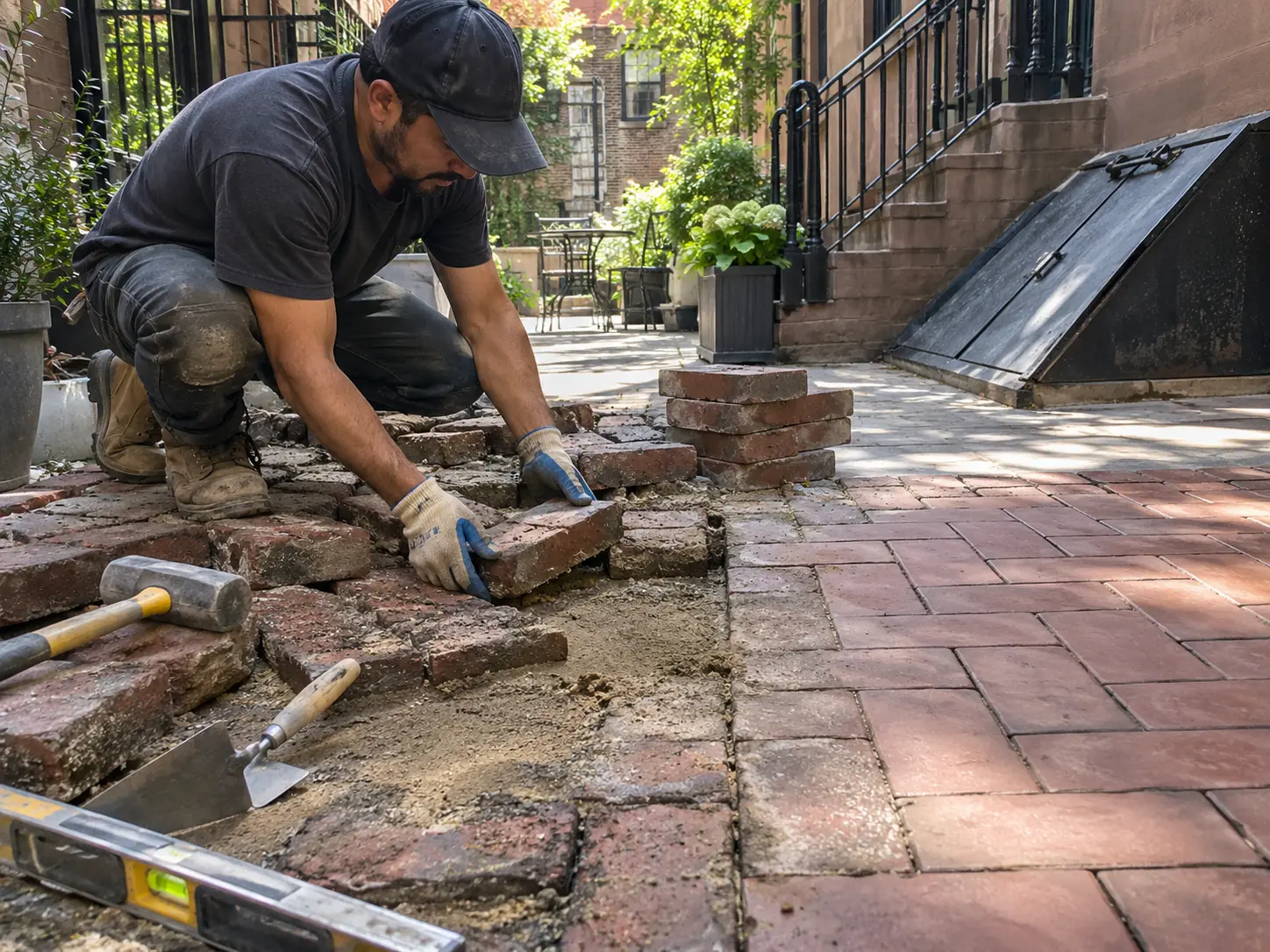 Worker lifting and resetting paving stones to repair an existing brick-paver surface.