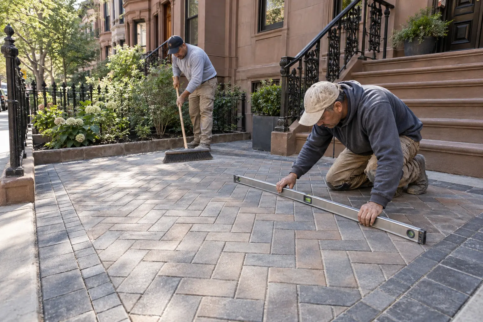 Workers checking the alignment and surface level of interlocking concrete pavers outside a residential brownstone.