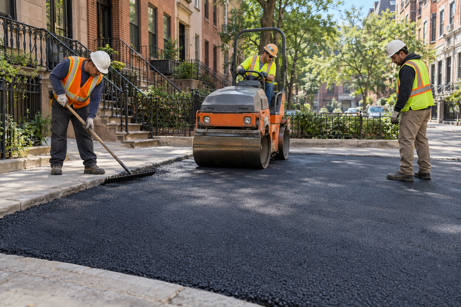 Worker operating a road roller to compact freshly laid asphalt pavement along a residential street.