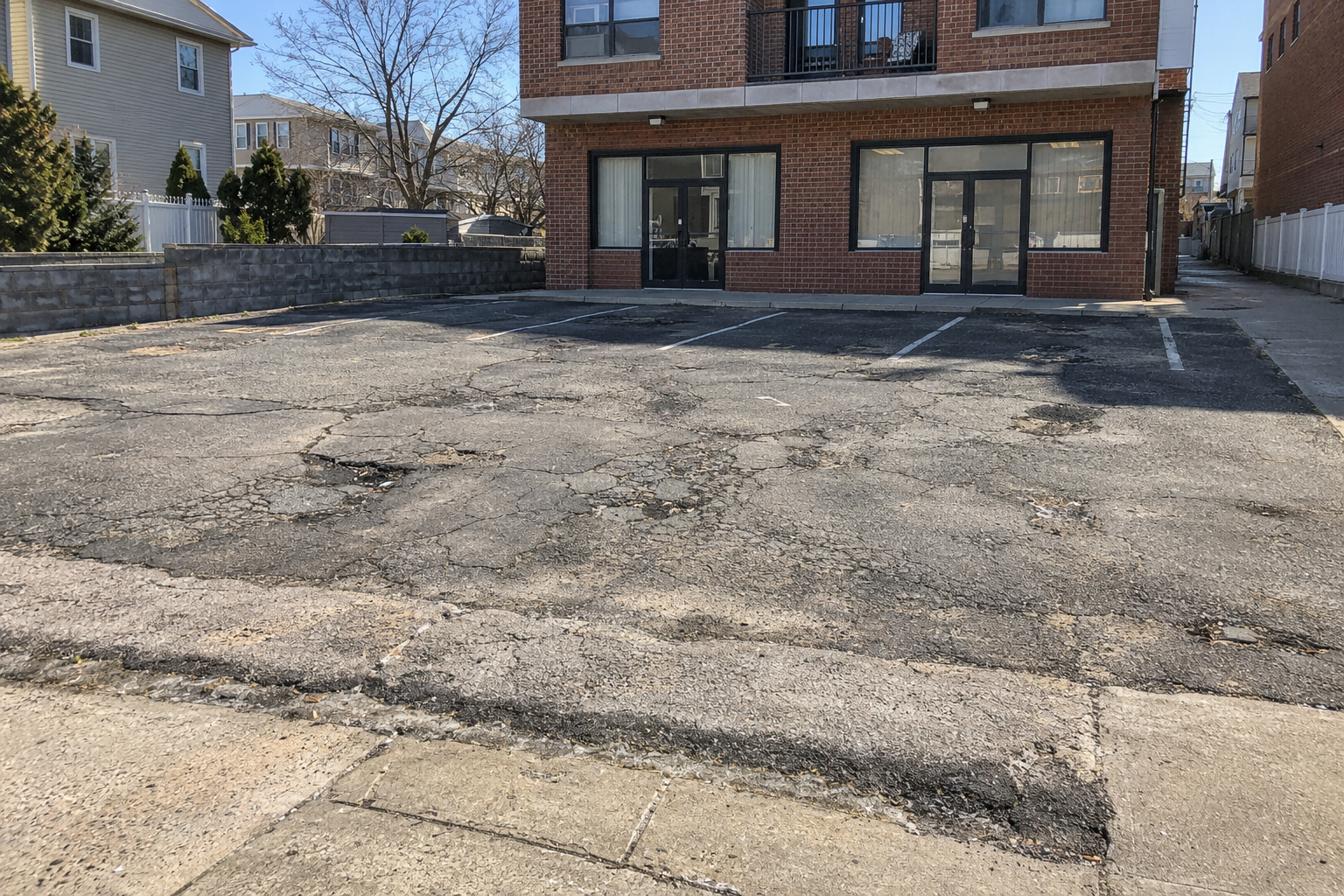 Commercial asphalt parking area with cracked, worn pavement and deteriorated sections outside a brick building.