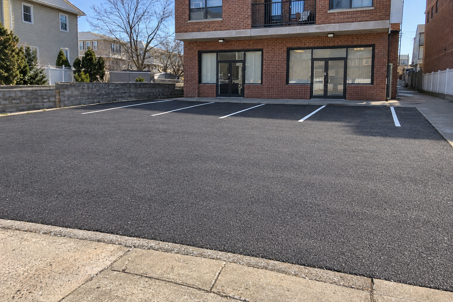 Newly paved commercial asphalt parking area with a finished black surface and painted parking-space lines outside a brick building.