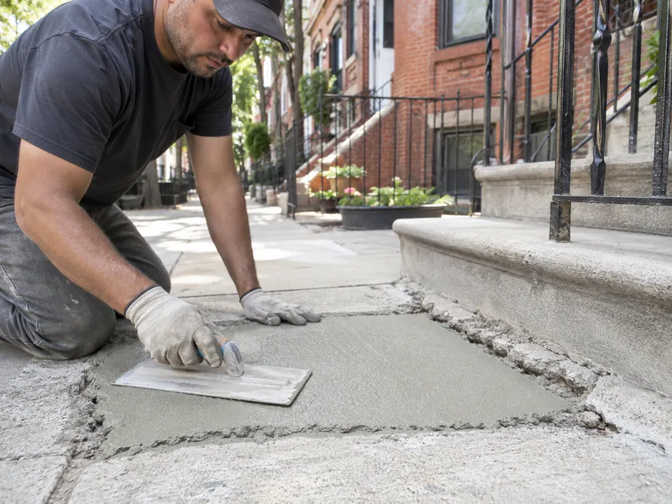 Concrete repair work on a damaged sidewalk in Bay Ridge Brooklyn